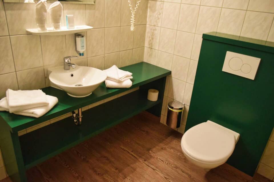 Modernes Badezimmer mit Waschbecken und Toilette in grüner Farbgestaltung. Doppelzimmer Komfort im Hotel garni Mueßer Hof